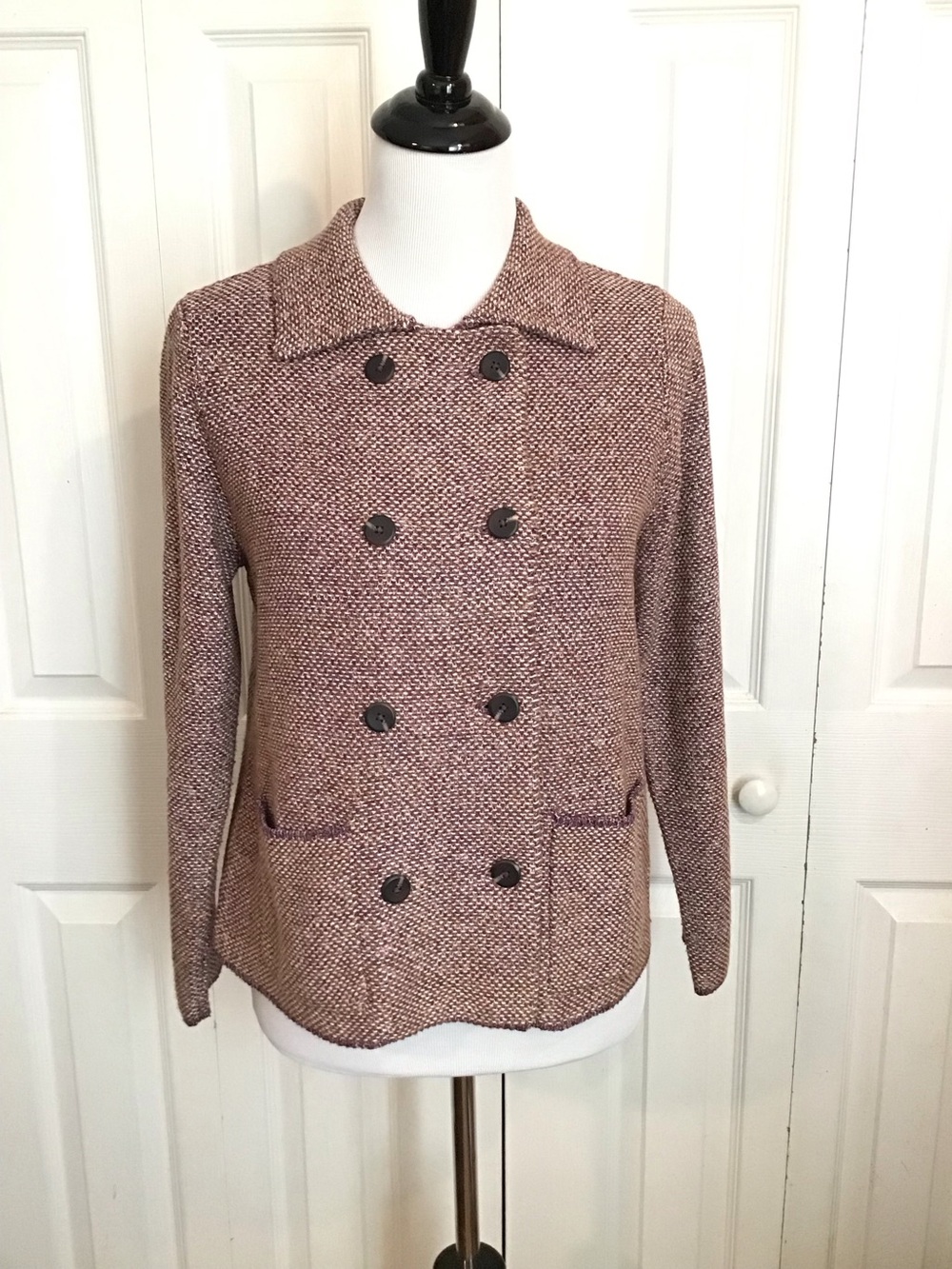 J. Jill Tweed Purple Double Breasted Sweater-Jacket petite XS